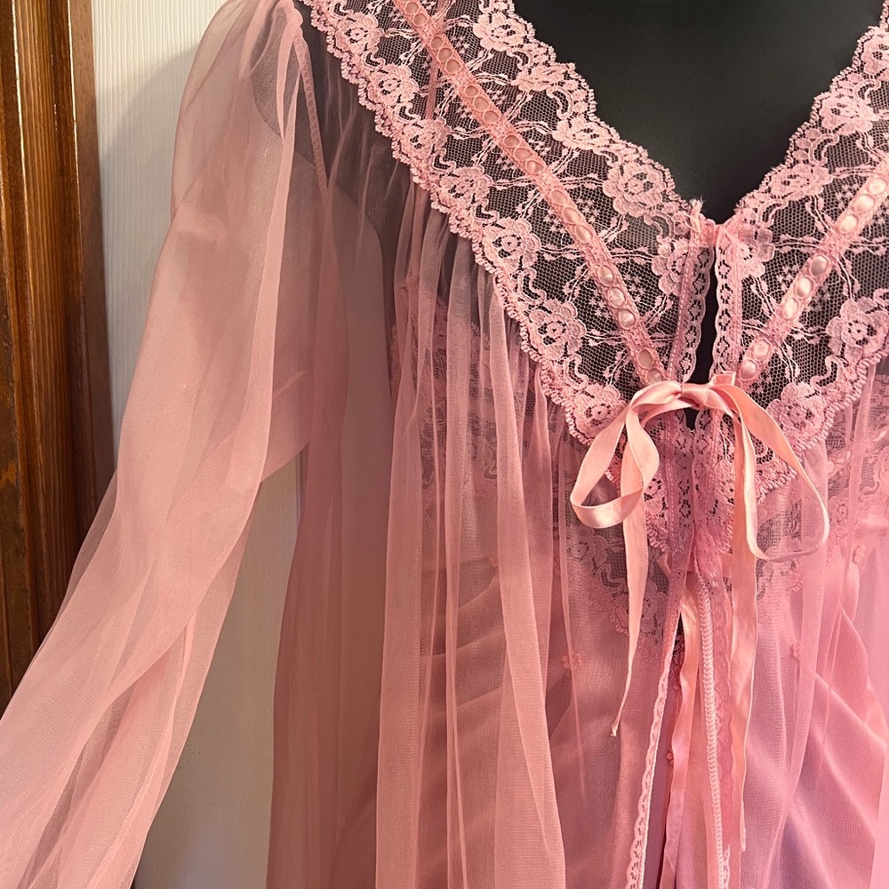 Vintage Barbizon Elegant Cotton Candy Pink Lace Trim Nightgown Set Sz Small - Picture 5 of 8